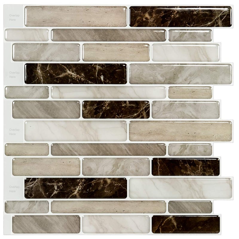 LONGKING Self-Adhesive Kitchen Backsplash, Marble Look Decorative Tiles (10 Tiles) (Light Brown) - Image 1